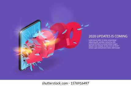 2020 updates is coming. Mobile phone screen is broken into 2020 big letters. Vector