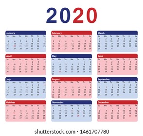 2020 USA Calendar. 12 Months. Colors of the american flag vector printable design III.