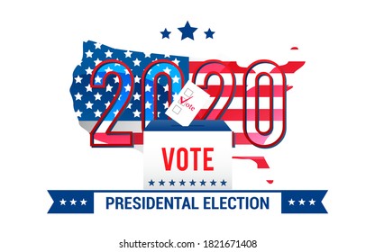 2020 Usa Presidential Election Vector illustration. American flag in United States Map. Vote with Ballot box