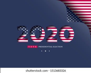 2020 USA vote banner. Presidential election background in American flag colors with curled corner effect. Vector illustration.