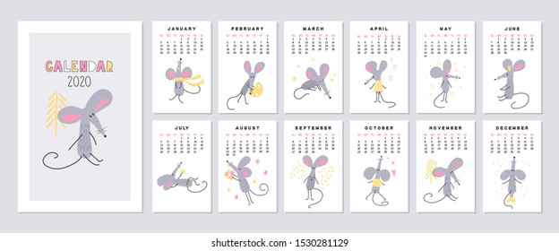 2020 vector calendar with cute hand drawn rats.Monthly creative calendar . Year of the rat. Week starts on Sunday.Vector illustration.