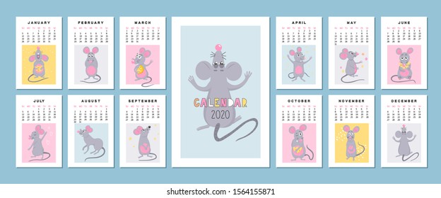 2020 vector calendar with cute hand drawn rats.Monthly creative calendar . Year of the rat. Week starts on Sunday.Vector illustration