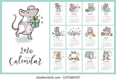 2020 vector calendar with hand drawn illustartions of rats for each month  and hand written signs. Year of the rat. Week starts on Sunday.