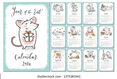 2020 vector calendar with hand drawn illustrations of rats for each month and hand written signs. Year of the rat. Week starts on Monday