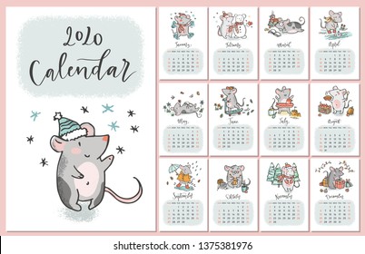2020 vector calendar with hand drawn illustartions of rats for each month and hand written signs. Year of the rat. Week starts on Sunday.