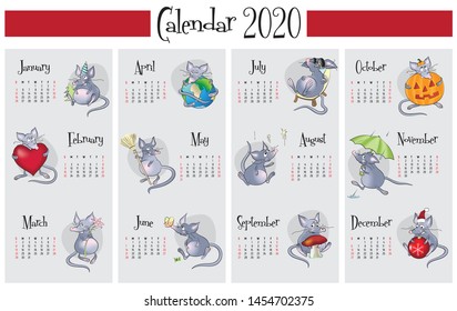 Calendario vectorial 2020 con ilusiones de ratas dibujadas a mano para cada mes. Año de la rata. Inglés, signos latinos, la semana empieza el domingo
