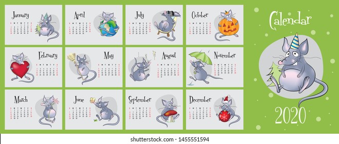 2020 vector calendar with hand drawn illustartions of rats for each month. Year of the rat. English language, Latin signs, week starts on Sunday