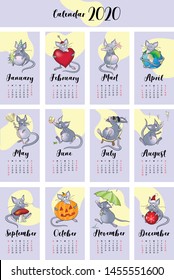 2020 vector calendar with hand drawn illustartions of rats for each month. Year of the rat. English language, Latin signs, week starts on Sunday