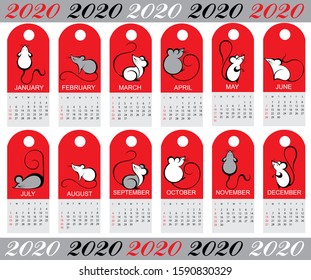2020 vector calendar with hand drawn illustartions of rats 