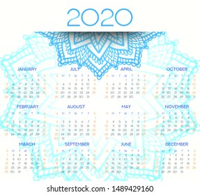 2020 Vector Calendar Template with Hand Drawn Mandala Ornament. Asian or Indian Circle Motif with Month Organizer. Vector Illustration.
