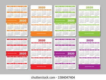 2020 vector calendar. Week starts from Sunday. Calendars of different colors