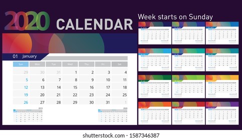 2020 vector calendar. Week starts from Sunday. Calendars of different colors