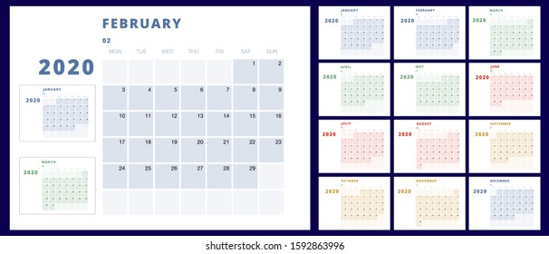 2020 vector calendar. Week starts from monday. Calendars of different colors