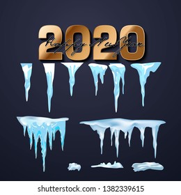 2020 Vector collection of snow caps, pile, icicles, isolated on background, transparent, ice, snowball and snowdrift. 3d Winter decorations, 2020 Christmas, snow texture, white elements, holiday