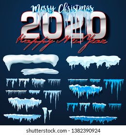 2020 Vector collection of snow caps, pile, icicles, isolated on background, transparent, ice, snowball and snowdrift. 3d Winter decorations, 2020 Christmas, snow texture, white elements, holiday