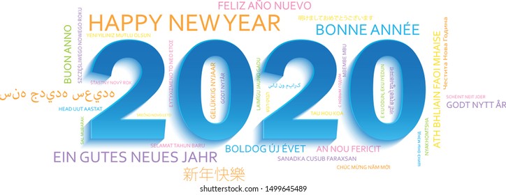 2020 vector colorful word cloud title banner with translations of HAPPY NEW YEAR into many languages