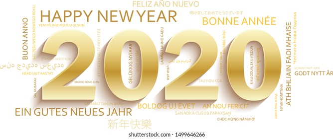 2020 vector gold word cloud title banner with translations of HAPPY NEW YEAR into many languages