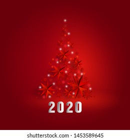 2020. Vector illustration of  Christmas tree on red background and the number 2020. Christmas Greeting Card  With Abstract Red Christmas Tree Made Of  Stars And Snowflakes.