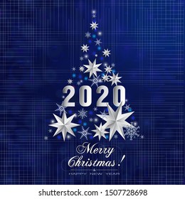 2020. Vector illustration of Happy New Year! Christmas tree on a blue background. Christmas tree made of paper stars and snowflakes