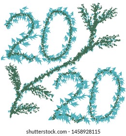 2020 vector illustration for New Year holiday design. Hand-drawn numbers and spruce branch on a white isolated background