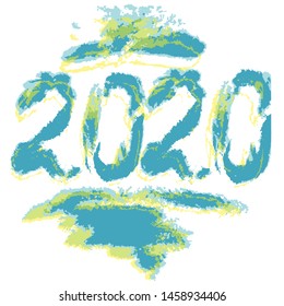 2020 vector illustration for New Year holiday design. Hand-drawn numbers and abstract brush strokes on white isolated background
