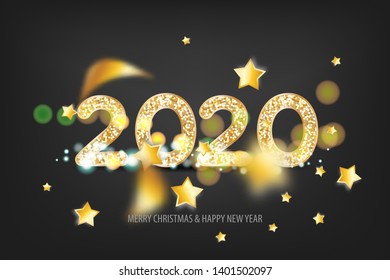 2020 vector magic golden confetti shimmer invitation. Holiday new year white light night background. Sparkle Christmas lights. 2020 golden number Christmas dark background.