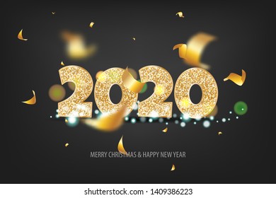 2020 vector magic golden confetti shimmer invitation. Holiday new year dark night background. Sparkle Christmas lights.