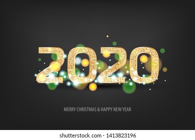 2020 vector magic golden confetti shimmer invitation. Holiday new year white light night background. Sparkle Christmas lights. 2020 golden number Christmas dark background.