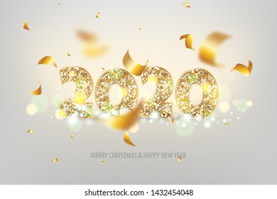 2020 vector magic golden confetti shimmer invitation. Holiday new year white light night background. Sparkle Christmas lights. 2020 golden number Christmas light background.