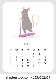 2020 vector monthly calendar with cute rat character April month. Chinese New Year symbol. Can be and used as  desk, table or wall, planner, scheduler paper sheets, banner, poster, card, postcard