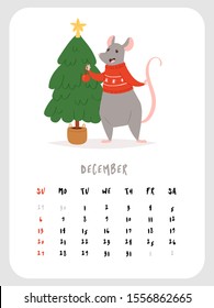 2020 vector monthly calendar with cute rat character December month. Chinese New Year symbol. Can be and used as  desk, table or wall, planner, scheduler paper sheets, banner, poster, card, postcard