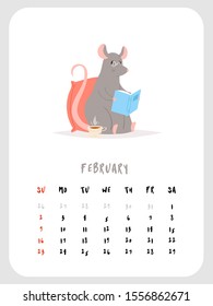 2020 vector monthly calendar with cute rat character February month. Chinese New Year symbol. Can be and used as  desk, table or wall, planner, scheduler paper sheets, banner, poster, card, postcard