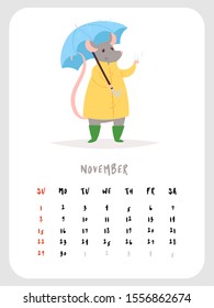 2020 vector monthly calendar with cute rat character November month. Chinese New Year symbol. Can be and used as  desk, table or wall, planner, scheduler paper sheets, banner, poster, card, postcard