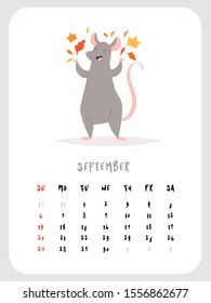 2020 vector monthly calendar with cute rat character September month. Chinese New Year symbol. Can be and used as  desk, table or wall, planner, scheduler paper sheets, banner, poster, card, postcard