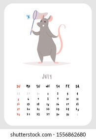 2020 vector monthly calendar with cute rat character July month. Chinese New Year symbol. Can be and used as  desk, table or wall, planner, scheduler paper sheets, banner, poster, card, postcard