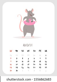 2020 vector monthly calendar with cute rat character August month. Chinese New Year symbol. Can be and used as  desk, table or wall, planner, scheduler paper sheets, banner, poster, card, postcard