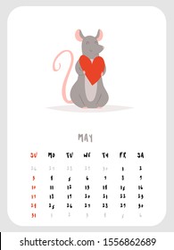 2020 vector monthly calendar with cute rat character May month. Chinese New Year symbol. Can be and used as  desk, table or wall, planner, scheduler paper sheets, banner, poster, card, postcard