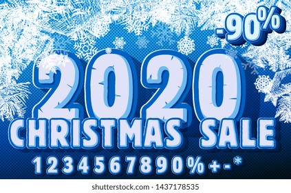 2020 Vector Patterns Made by the Frost. Blue Winter Background for Christmas Designs. Xmas SALE Typographic Label for Holiday Greeting Cards, Party Banners and Posters. Icy Abstract Background.