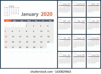 2020 vector planning calendar All month with a place for notes. Weeks start on Sunday.