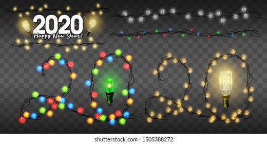 2020 Vector realistic isolated Christmas fairy lights for template decoration and layout covering on the transparent background. Concept of Happy New Year.