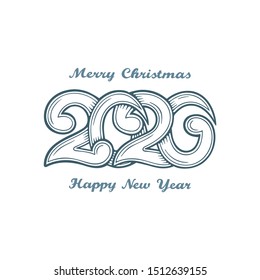 2020. 2020 Vintage Style Hand Drawn Vector Greeting Card. Merry Christmas And Happy New Year Engraving Style Retro Illustration. Part Of Set.