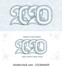 2020. 2020 vintage style hand drawn vector greeting card. Merry Christmas and Happy New Year engraving style retro illustration. Part of set.