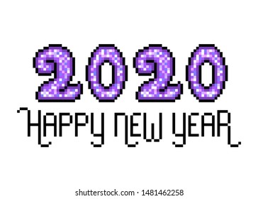 2020, violet sparkling 8 bit pixel art Happy New Year print isolated on white background. Winter holiday greeting card. Old school vintage retro slot machine/video game graphics.