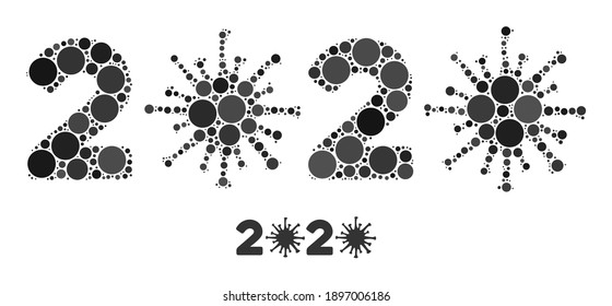 2020 virus year collage of round dots in various sizes and color tinges. Vector round dots are composed into 2020 virus year illustration. 2020 virus year isolated on a white background.
