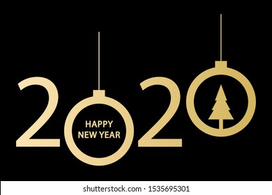 2020 vision, happy new year logo design. Christmas balls with text inside and christmas tree. Applicable for cards, posters, banners. Hanging 2020 numbers. Golden metal numbers. Vector illustration.