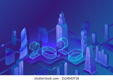 2020 vision isometric smart city, futuristic 3d concept, blue glowing neon number, future ai technolodgy poster, new year calendar or banner, vector illustration