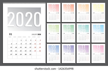 2020 Wall Calendar European English Grids Complete Set Week Begins from Sunday Template - Grey Multicolor and White Elements on Black Background - Vector Contrast Graphic Design