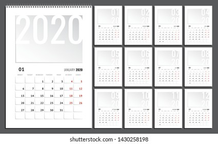 2020 Wall Calendar European English Grids Bent Corners Style Complete Set Week Begins from Monday Template - Grey Red and White Elements on Dark Background - Vector Contrast Graphic Design