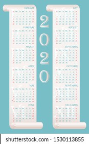 2020 wall calendar on two parchments. Week starts on Sunday. Vector editable template 10 EPS for poster, print, web