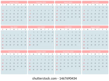 2020 wall calendar. Vector simple design